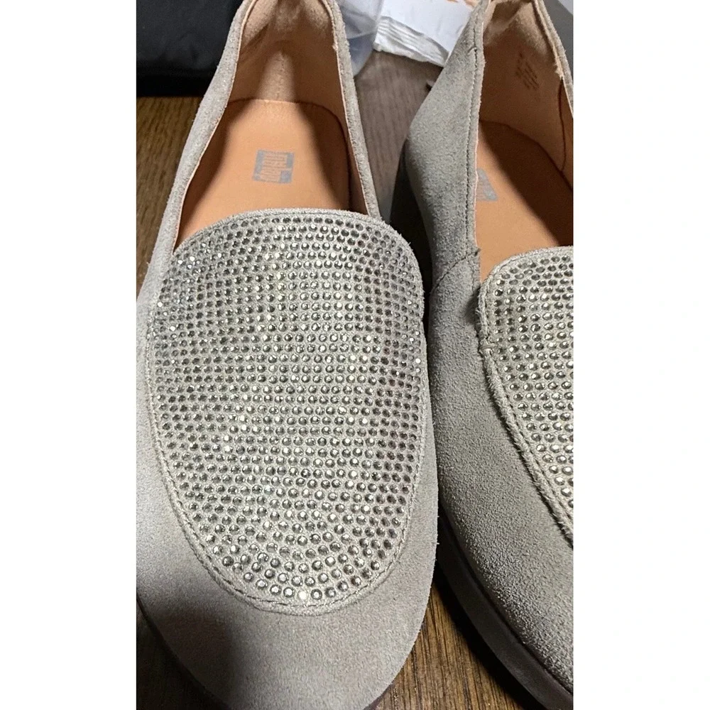 FitFlop Womens Crystal Sneaker loafer Timberwolf Suede Rhinestone Loafers Size 8